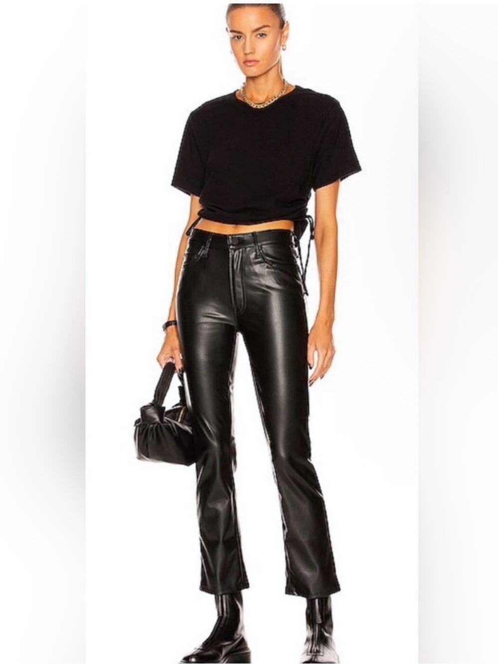 MOTHER Insider Ankle Faux Leather Pants Wax On Wax Off Black Cropped Flare 26